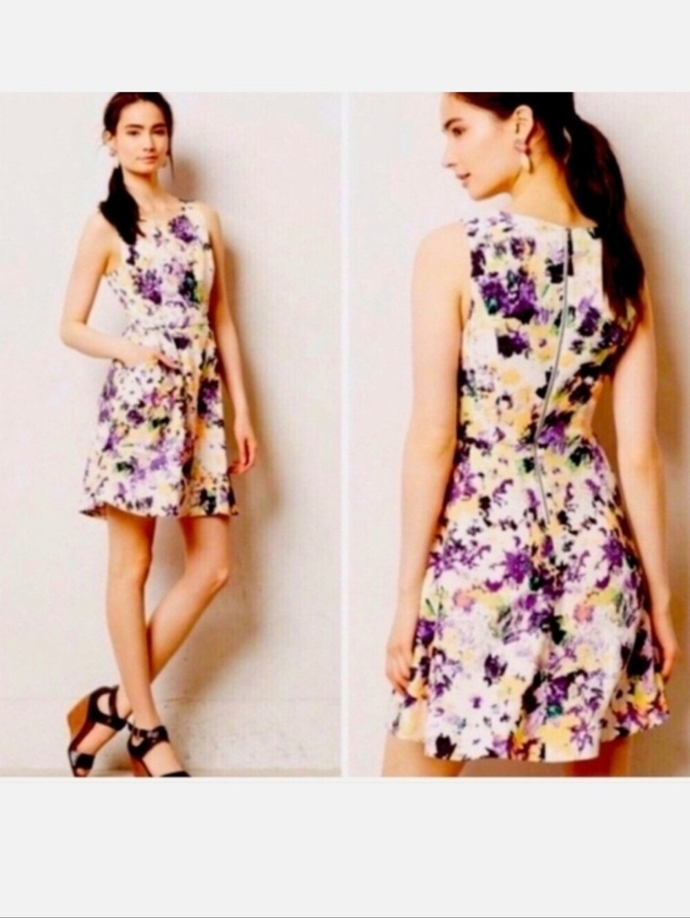 Maeve Neon Abstract Floral Pleated Fit & Flare Pockets Mini Dress, Size 6
